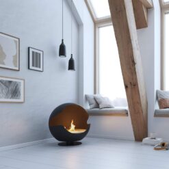 Cheminée au bioéthanol Vauni Globe Black sur pied bas posée dans une chambre