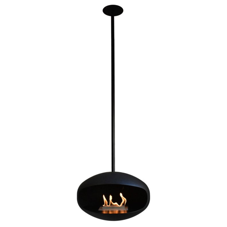 Cheminée bioéthanol suspendue Cocoon Fires Aeris en noir avec suspension noire