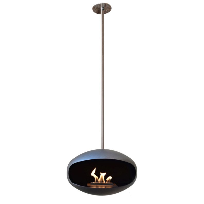 Cheminée bioéthanol suspendue Aeris en noir avec suspension en inox