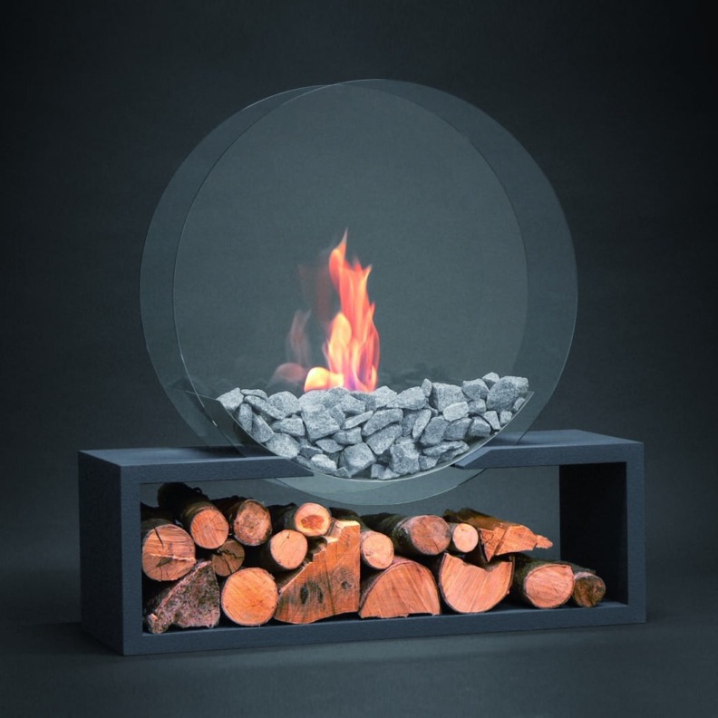Cheminée bioéhanol ALFRA Julius avec des bûches dans son compartiment du bas