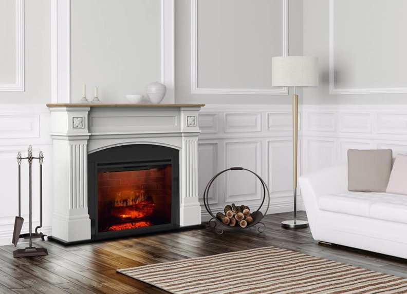 Cheminée électrique à poser au sol Haydn au fond d'un salon