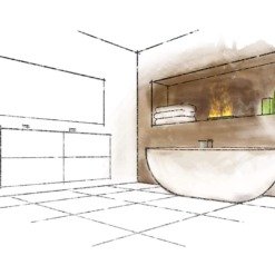 Illustration visuelle de l'installation de l'insert électrique Cassette 250 encastré dans une salle de bain