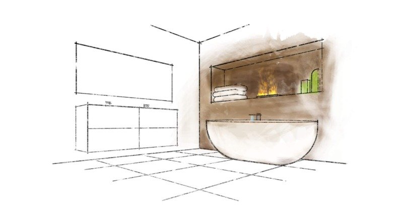 Illustration visuelle de l'installation de l'insert électrique Cassette 250 encastré dans une salle de bain