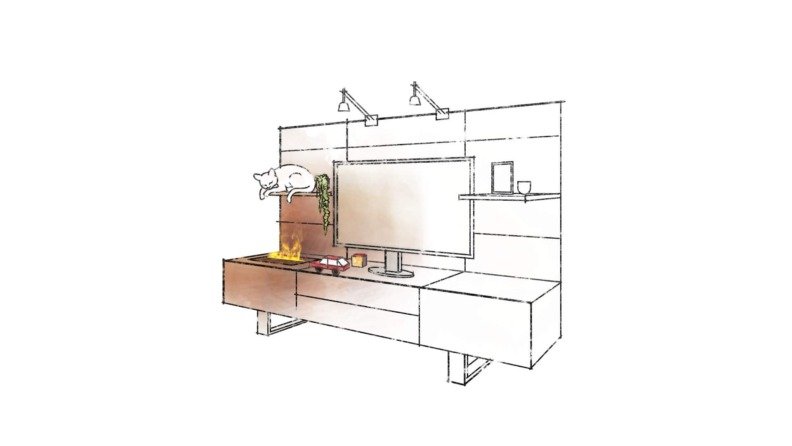 Illustration visuelle de l'installation de l'insert électrique Cassette 250 encastré à côté d'une télé