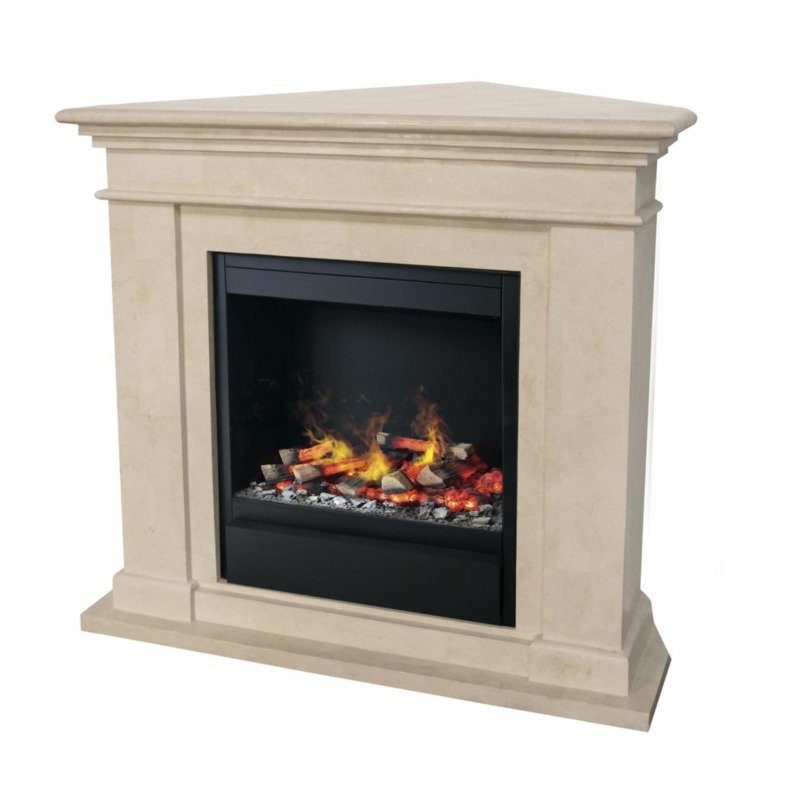 Cheminée décorative Kos Corner de Xaralyn en pierre naturelle crème et un insert électrique Albany