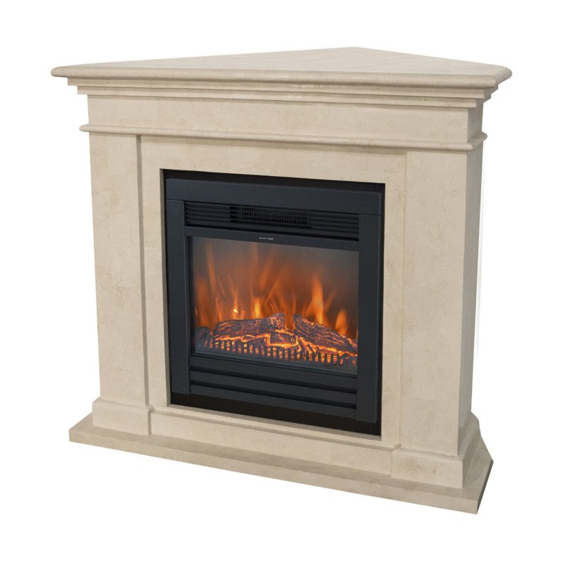 Cheminée décorative à poser au sol Kos Corner de Xaralyn en couleur pierre naturelle crème et un insert électrique Lucius