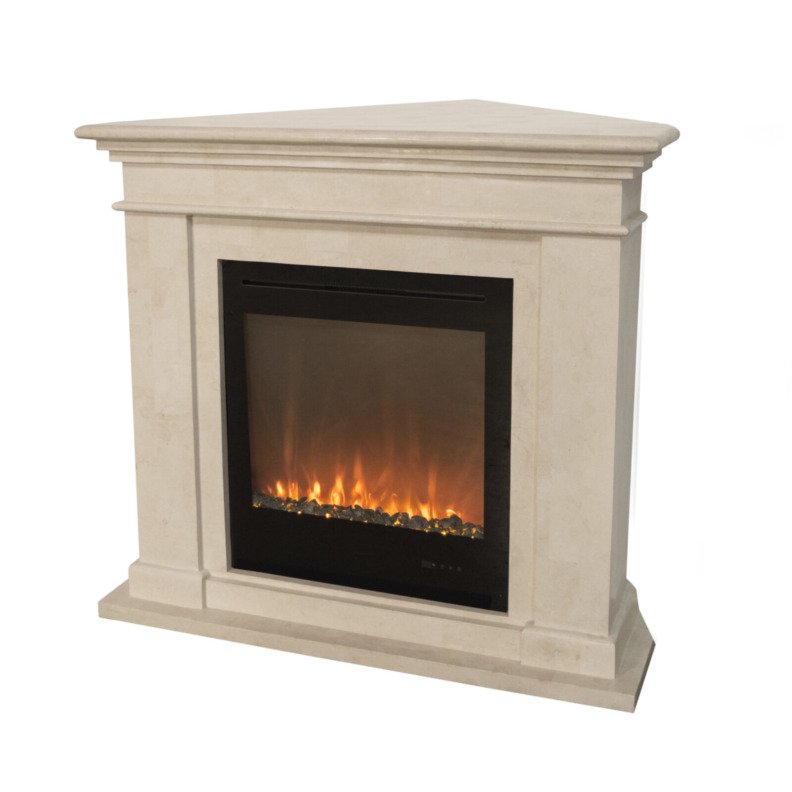 Cheminée décorative à poser au sol Kos Corner de Xaralyn en couleur pierre naturelle crème et un insert électrique Trivero 70
