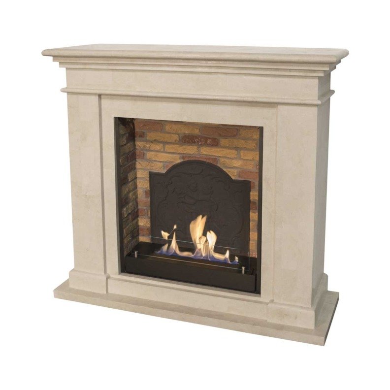 Cheminée Kos de Xaralyn en pierre naturelle crème et déco briques avec un médaillon et un insert au bioéthanol
