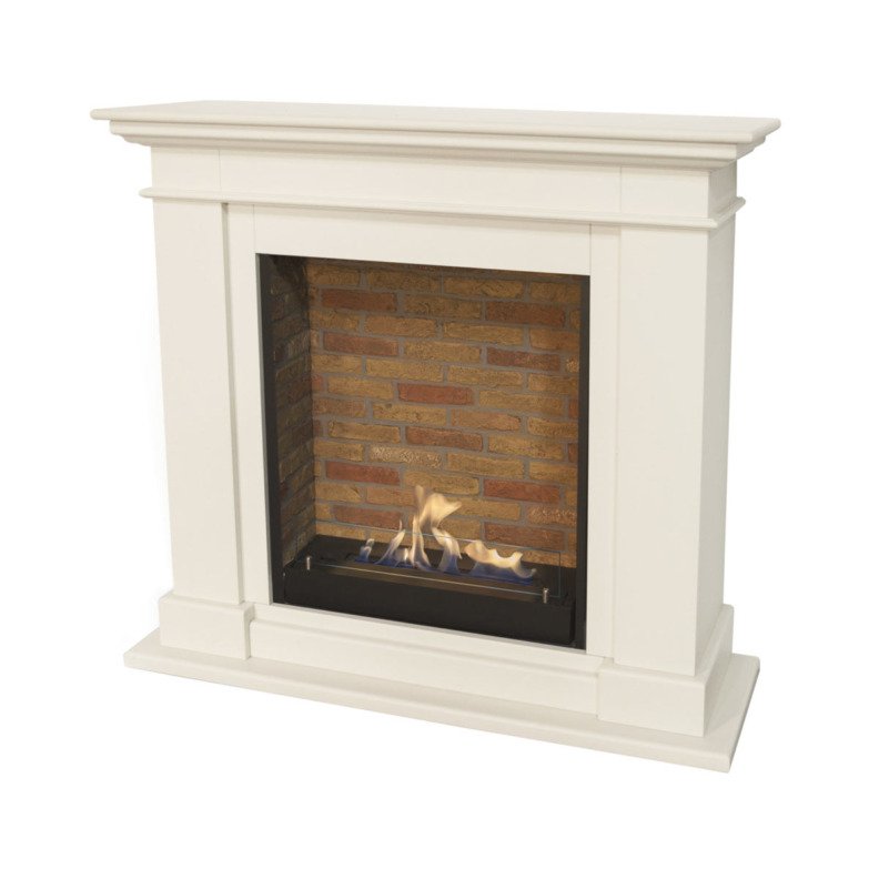 Cheminée décorative à poser au sol Kos Corner de Xaralyn en couleur MDF Blanc et un insert au bioéthanol encastré