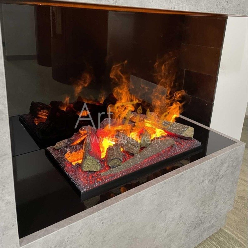 Gros plan sur l'effet de flamme de la cheminée électrique Zen grâce aux vapeurs d'eau et au jeu de lumières