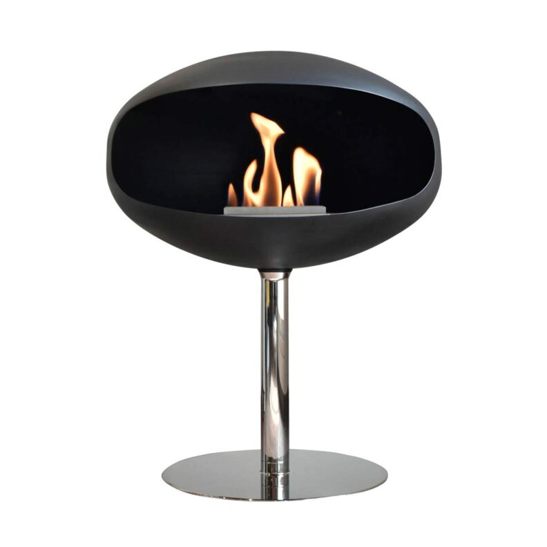 Cheminée bioéthanol à poser Pedestal de Cocoon Fires en noir mat et pied en acier inox