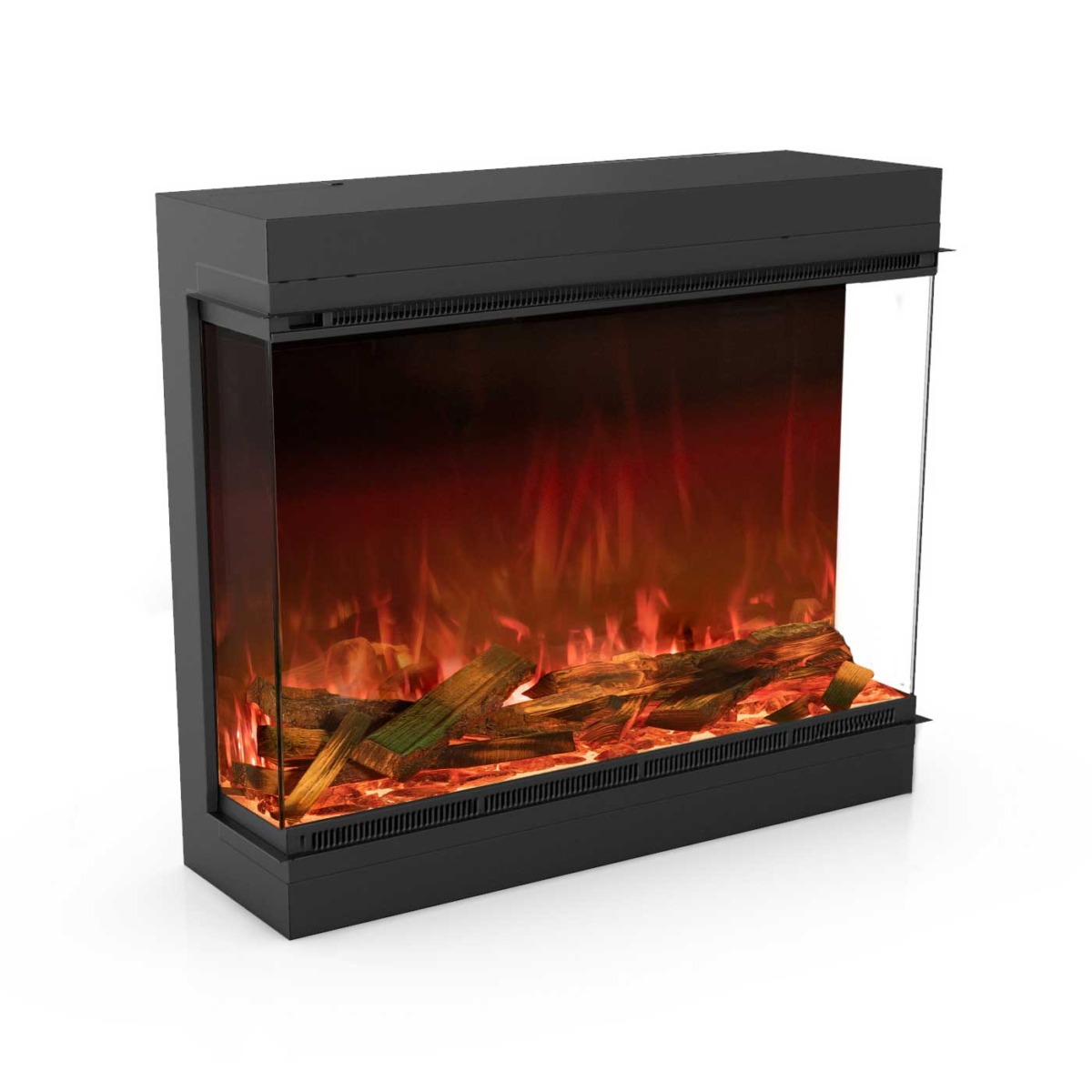 Cheminée électrique Astro de Planika en version 800 mm avec trois faces visibles sur le feu