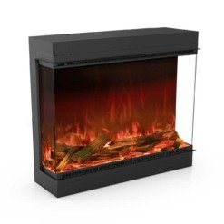 Cheminée électrique Astro de Planika en version 800 mm avec trois faces visibles sur le feu