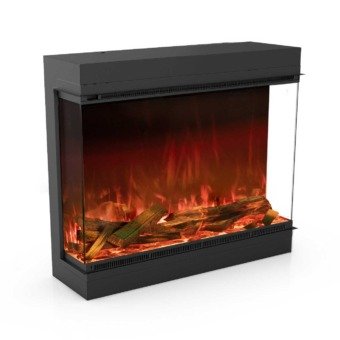 Cheminée électrique Astro de Planika en version 800 mm avec trois faces visibles sur le feu