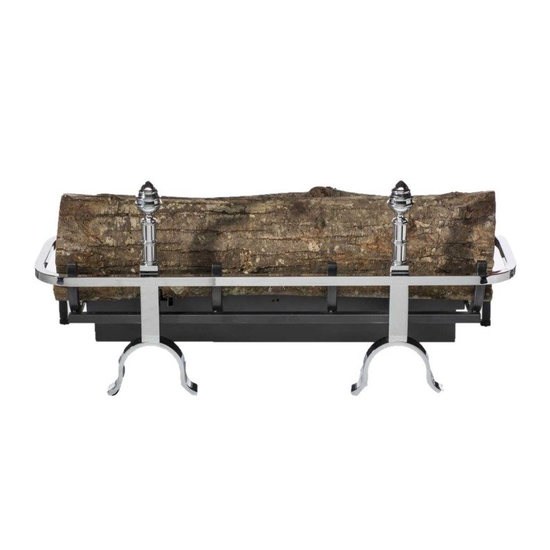 Chenets de cheminée avec bloc de combustion au bioéthanol Changy Pomme de Pin (Chrome, 80 cm)