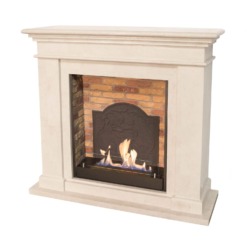 Kos pierre blanche non polie insert bioéthanol et briques + plaque de cheminée