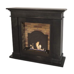 Kos pierre noire polie insert bioéthanol et briques + plaque de cheminée