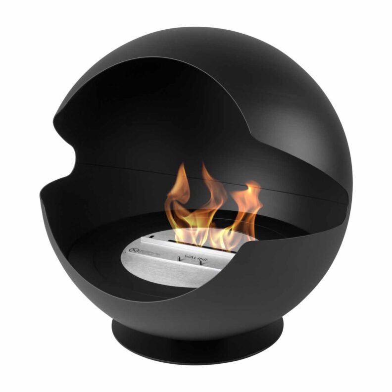 Cheminée bioéthanol à poser au sol - Vauni Globe noir (Pied bas, Liner acier)