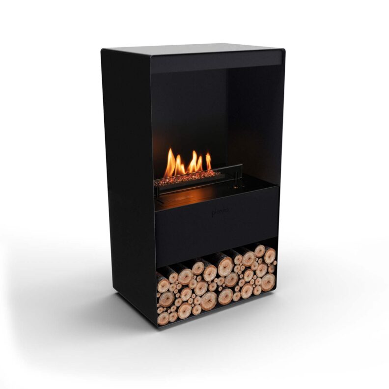 Poêle bioéthanol Planika Senso Stove avec le compartiment du bas rempli de bûches