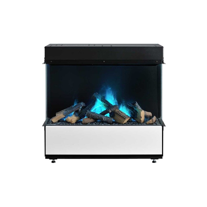 Cheminée électrique Dimplex 3-Step Optimyst vue de face avec ses flammes couleur aquamarine