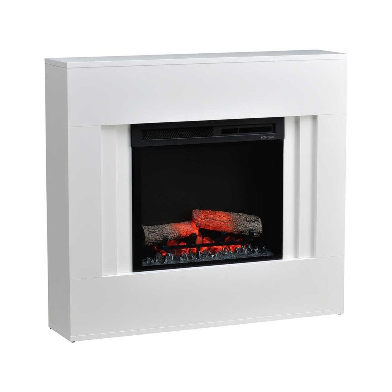 Dimplex Nova vue légèrement de côté avec ses bûches décoratives rougeoyantes sans les flammes