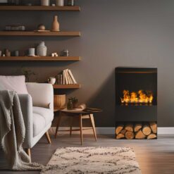 Idée de décoration dans une pièce de vie avec le poêle Planika Steamy Optimyst