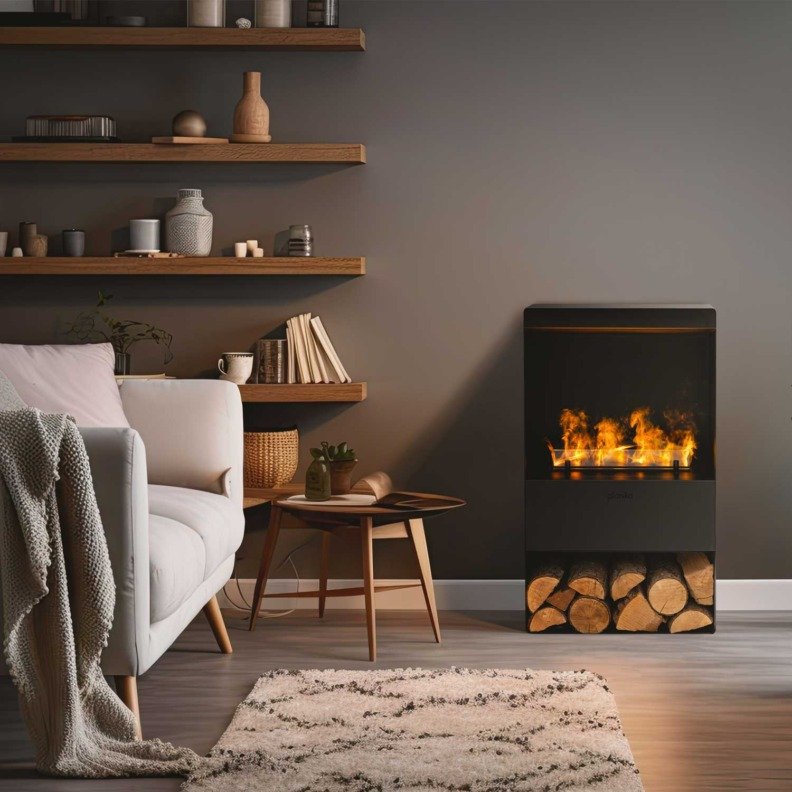 Idée de décoration dans une pièce de vie avec le poêle Planika Steamy Optimyst