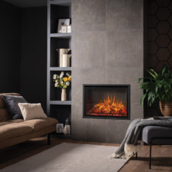 Foyer électrique Gazco eMotiv 74 installé dans un coffrage mural