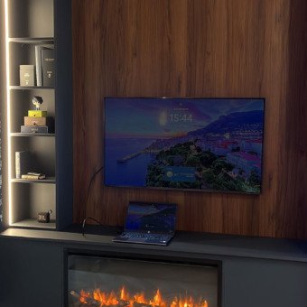Foyer électrique Gazco Atmos encastré dans un meuble sous une télévision
