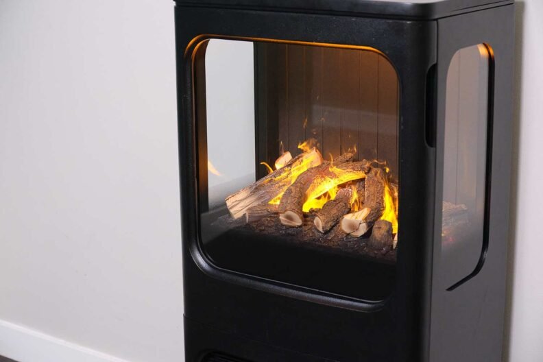 Poêle à vapeur d'eau Dimplex Mapleton et ses 3 faces