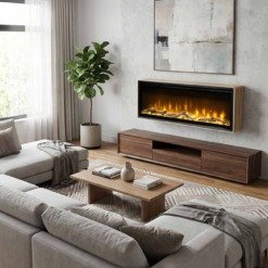 Photo d'ambiance avec la cheminée murale Dimplex Ignite Evolve avec son cadre