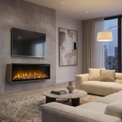 Photo d'ambiance avec la cheminée murale Dimplex Ignite Evolve avec son cadre