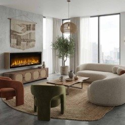 Photo d'ambiance avec la cheminée murale Dimplex Ignite Evolve avec son cadre