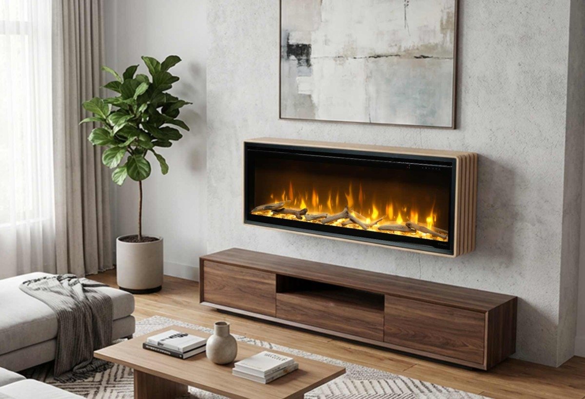 Photo d'ambiance avec la cheminée murale Dimplex Ignite Evolve avec son cadre