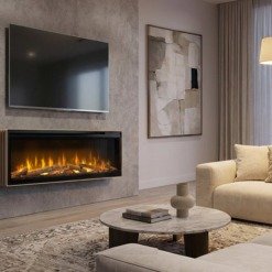 Photo d'ambiance avec la cheminée murale Dimplex Ignite Evolve avec son cadre