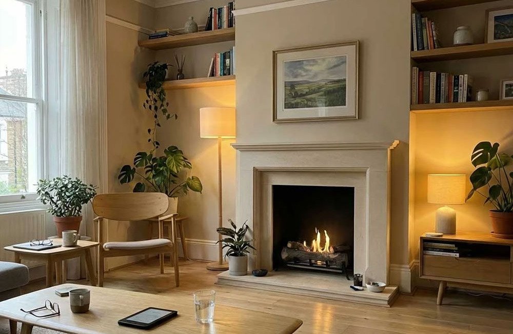 Chenets au bioéthanol installés dans une ancienne cheminée