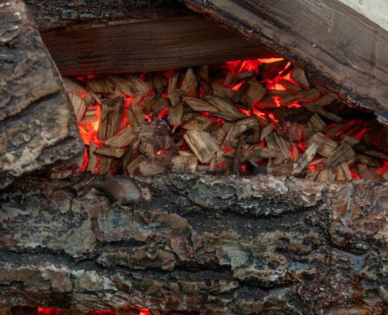 Zoom sur les bûches et les copeaux de bois du Dimplex Triton