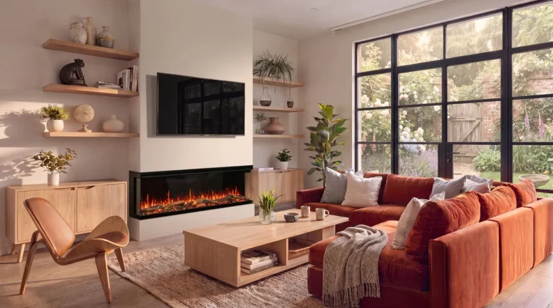 Cheminée électrique 3 faces FireFX Atmos installée sous une télé