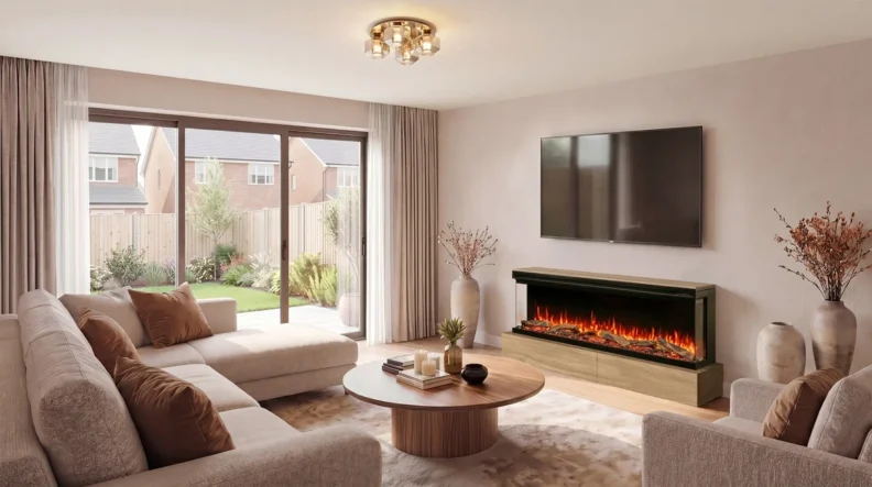 Cheminée électrique 3 faces FireFX Atmos sur son accroche murale