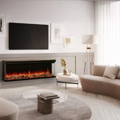 Cheminée électrique 3 faces FireFX Atmos sur sur accroche murale sous une télé