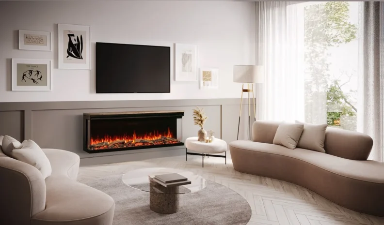 Cheminée électrique 3 faces FireFX Atmos sur sur accroche murale sous une télé